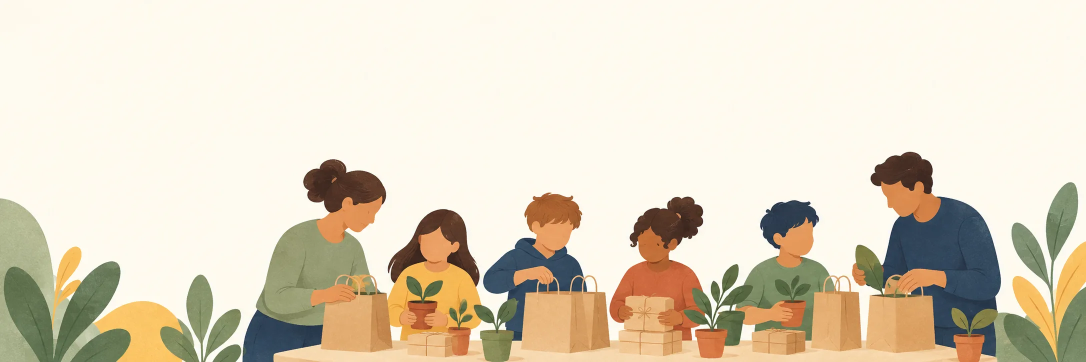 Families preparing plants and fundraiser packages together