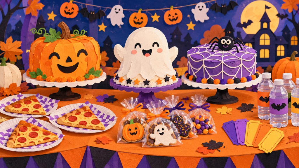 Playful illustration of Halloween cakes, pizza, treats and concession tickets.