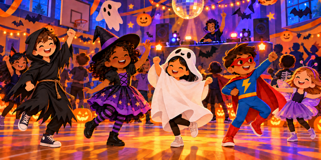 Children in Halloween costumes, including an older child in a friendly Grim Reaper costume, dancing in a school gym.